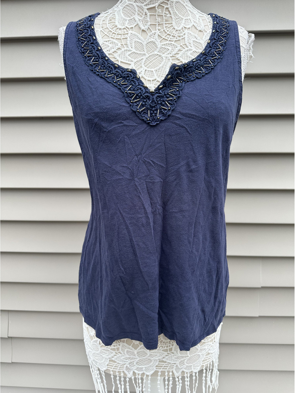 Merona Navy Blue Beaded V Neck Tank Top Casual Summer Cotton Shirt